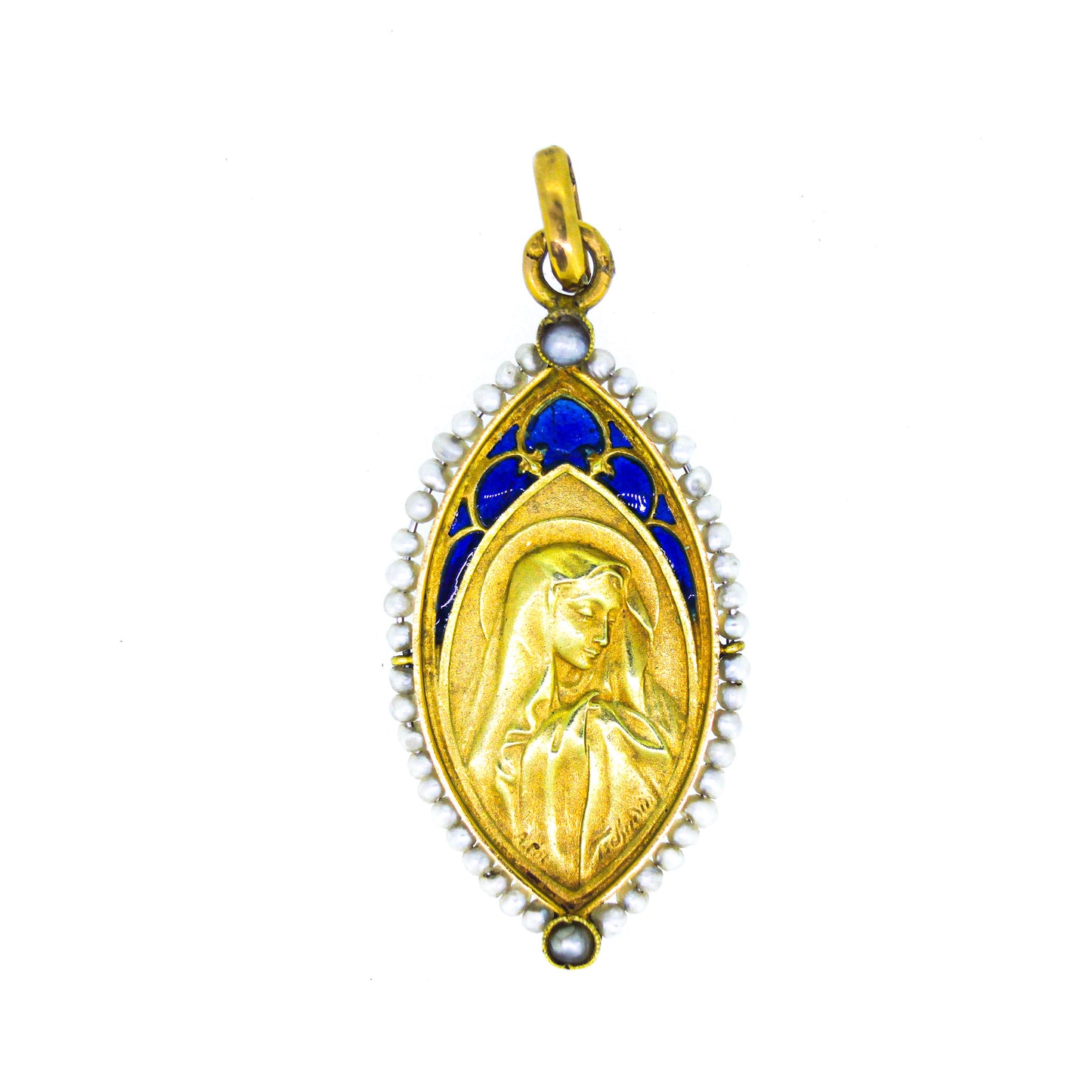 Saint - French 18ct Gold Religious Natural Pearl Plique a Jour Blue Enamel Pendant